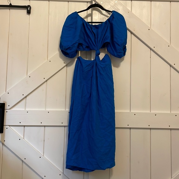 Farm Rio Knotted Cut Out Linen Blend Midi Dress Blue - Picture 2 of 4